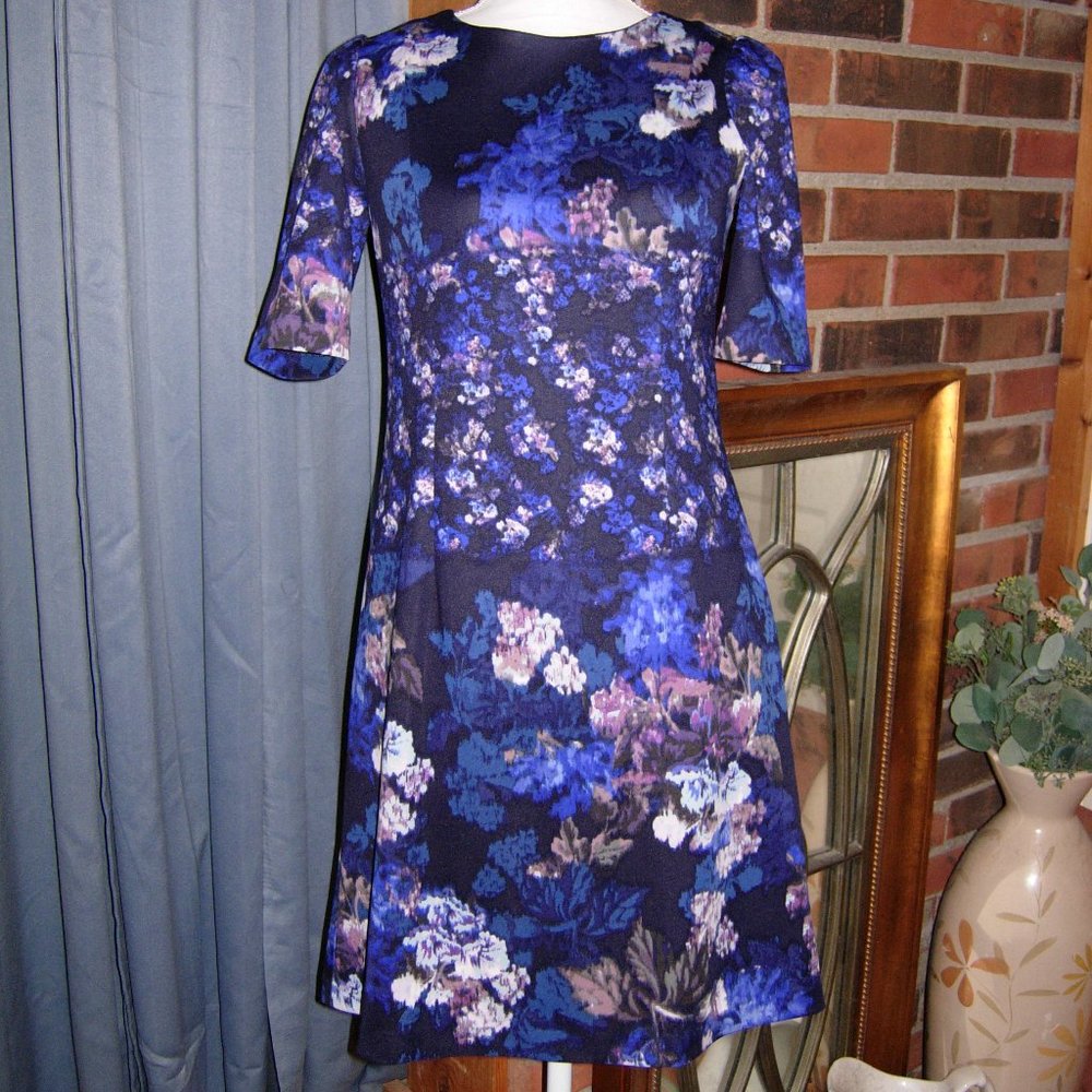 Betsey Johnson Blue Purple Water Color Floral Scuba Dress With Zip Back 2